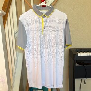 Stylish White and Gray Polo Shirt with Yellow Trim